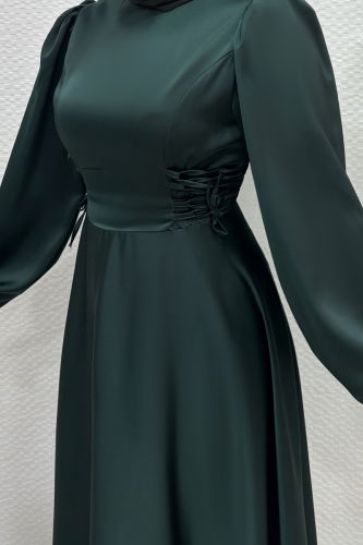 moda selvim Beli Bağcıklı Saten Abiye 4637ALG474 Zümrüt - Thumbnail