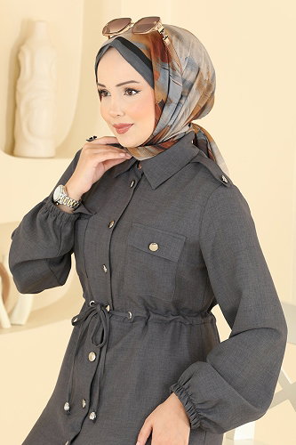moda selvim Beli Bağcıklı Şık Elbise 2916SL432 Antrasit - Thumbnail