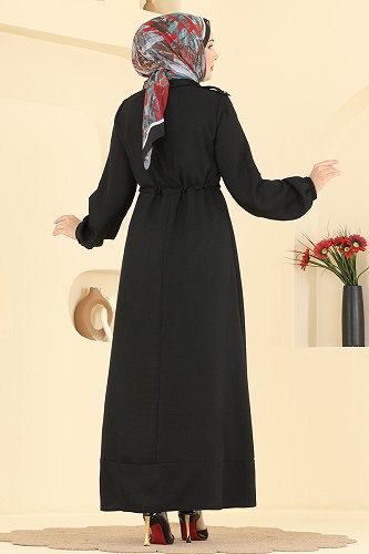 moda selvim Beli Bağcıklı Şık Elbise 2916SL432 Siyah - Thumbnail
