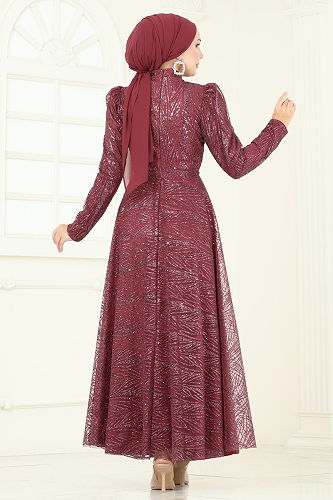 moda selvim Beli Bağcıklı Simli Tül Abiye 5705EDF311 Bordo - Thumbnail