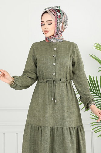 moda selvim Beli Bağcıklı Sofia Elbise 024MR1077-M Haki - Thumbnail
