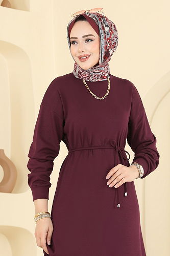 moda selvim Beli Bağcıklı Spor Elbise 7053TEG847 Bordo - Thumbnail