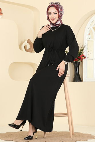 moda selvim Beli Bağcıklı Spor Elbise 7053TEG847 Siyah - Thumbnail