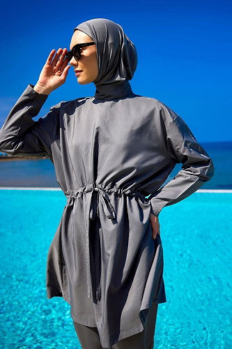 moda selvim Beli Bağcıklı Tam Kapalı Mayo 2502MRNK1139 Füme - Thumbnail
