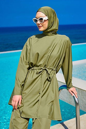 moda selvim Beli Bağcıklı Tam Kapalı Mayo 2502MRNK1139 Yeşil - Thumbnail