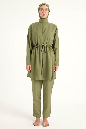 moda selvim Beli Bağcıklı Tam Kapalı Mayo 2502MRNK1139 Yeşil - Thumbnail