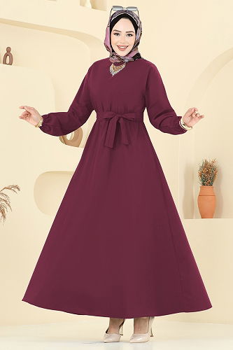 moda selvim Beli Bağcıklı Terikoton Elbise 4116PM271 Bordo - Thumbnail