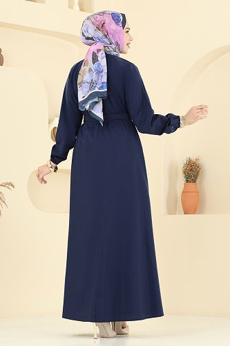 moda selvim Beli Bağcıklı Terikoton Elbise 4116PM271 Laci - Thumbnail