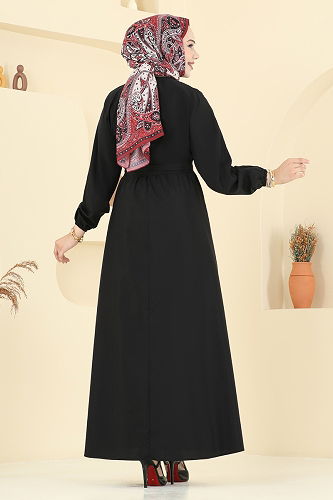moda selvim Beli Bağcıklı Terikoton Elbise 4116PM271 Siyah - Thumbnail