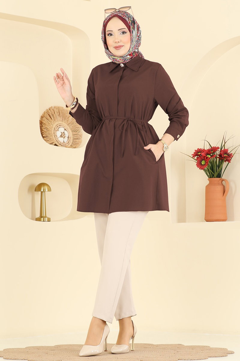 Beli Bağcıklı Terikoton Gömlek 3077KTR750 Açık Kahve
