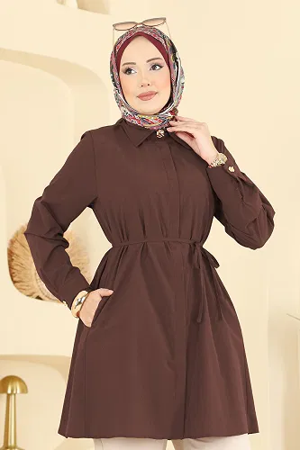 moda selvim Beli Bağcıklı Terikoton Gömlek 3077KTR750 Açık Kahve - Thumbnail