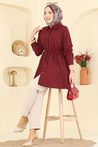 moda selvim Beli Bağcıklı Terikoton Gömlek 3077KTR750 Bordo - Thumbnail