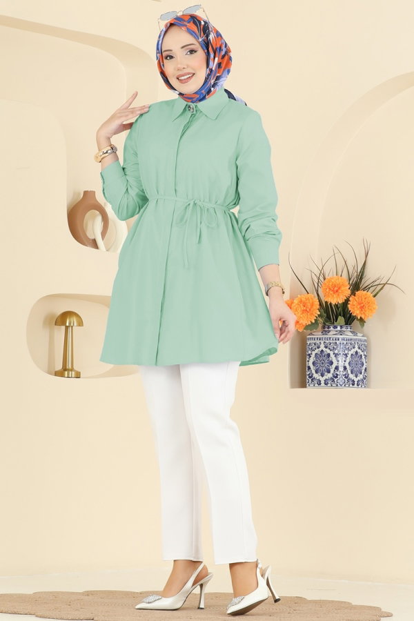 Modaselvim Tunik Beli Bağcıklı Terikoton Gömlek 3077KTR750 Çağla