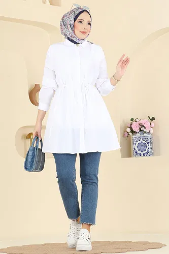 moda selvim Beli Bağcıklı Terikoton Gömlek 3077KTR750 Ekru - Thumbnail