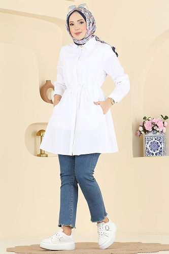 moda selvim Beli Bağcıklı Terikoton Gömlek 3077KTR750 Ekru - Thumbnail