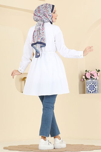 moda selvim Beli Bağcıklı Terikoton Gömlek 3077KTR750 Ekru - Thumbnail