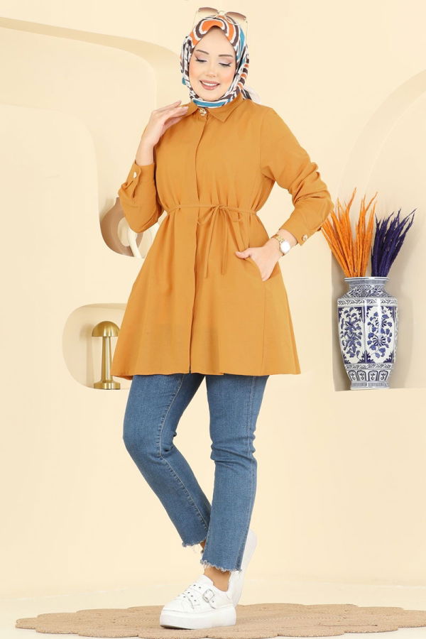 Modaselvim Tunik Beli Bağcıklı Terikoton Gömlek 3077KTR750 Hardal