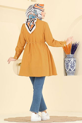 moda selvim Beli Bağcıklı Terikoton Gömlek 3077KTR750 Hardal - Thumbnail