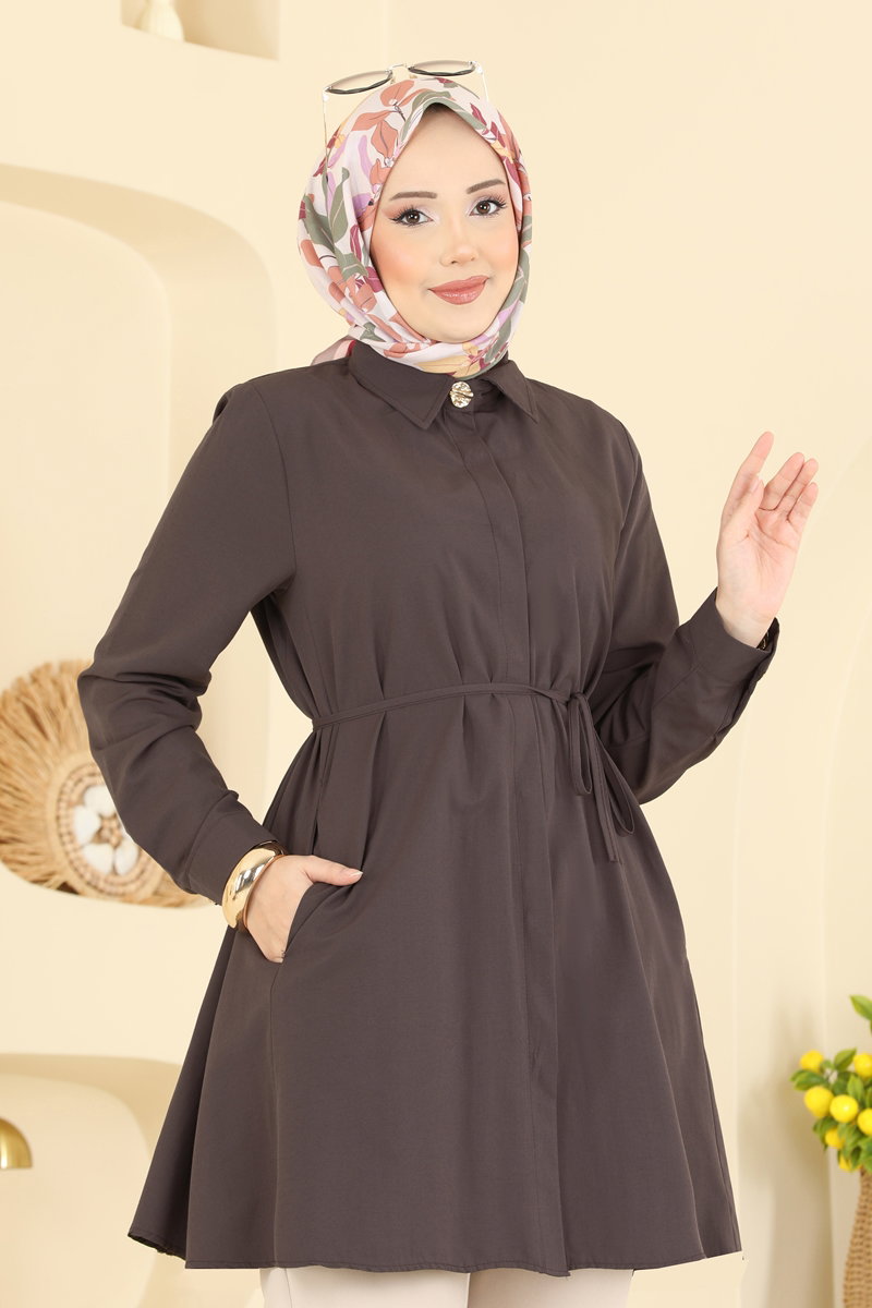 Beli Bağcıklı Terikoton Gömlek 3077KTR750 Kahve