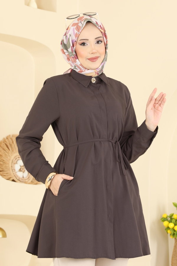 Modaselvim Tunik Beli Bağcıklı Terikoton Gömlek 3077KTR750 Kahve