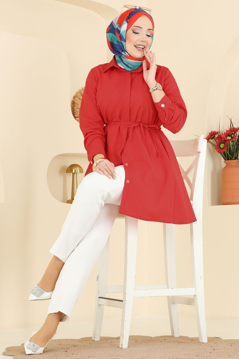 Beli Bağcıklı Terikoton Gömlek 3077KTR750 Kırmızı