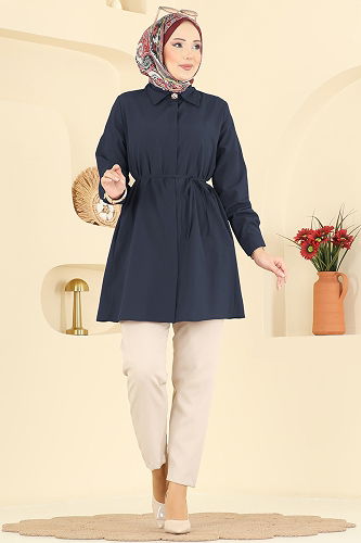 moda selvim Beli Bağcıklı Terikoton Gömlek 3077KTR750 Laci - Thumbnail