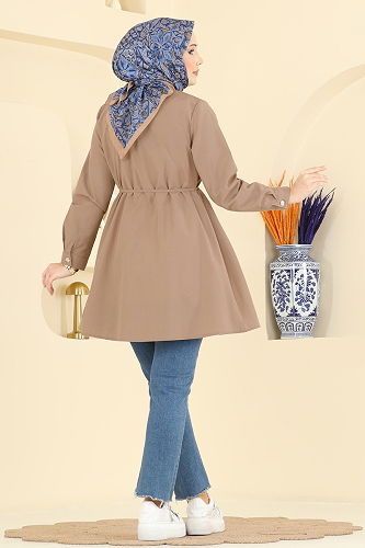 moda selvim Beli Bağcıklı Terikoton Gömlek 3077KTR750 Latte - Thumbnail