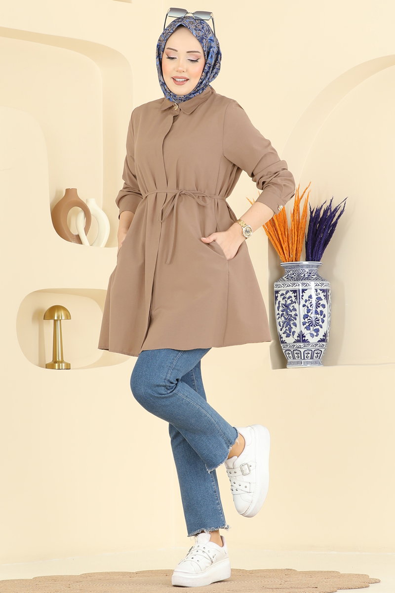 Beli Bağcıklı Terikoton Gömlek 3077KTR750 Latte