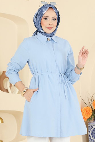 moda selvim Beli Bağcıklı Terikoton Gömlek 3077KTR750 Mavi - Thumbnail