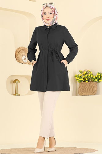 moda selvim Beli Bağcıklı Terikoton Gömlek 3077KTR750 Siyah - Thumbnail