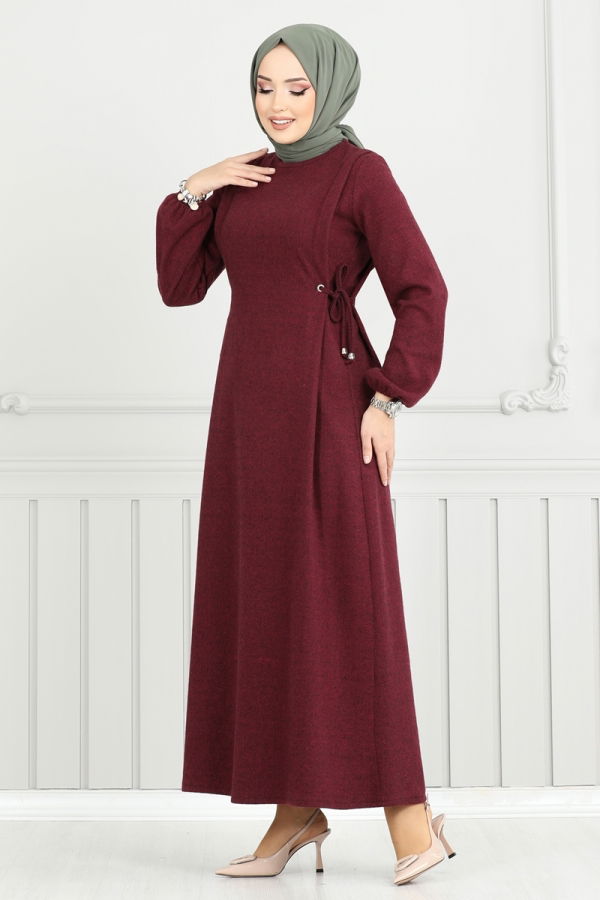 Modaselvim ANNELER GÜNÜNE ÖZEL Beli Bağcıklı Tesettür Elbise 22037UKB139 Bordo
