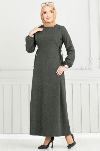 moda selvim Beli Bağcıklı Tesettür Elbise 22037UKB139 Haki - Thumbnail