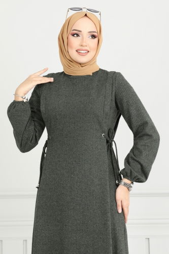 moda selvim Beli Bağcıklı Tesettür Elbise 22037UKB139 Haki - Thumbnail
