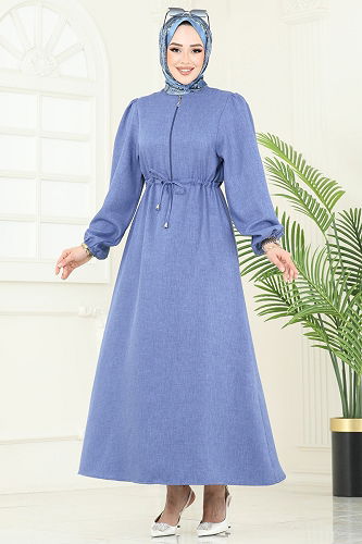 moda selvim Beli Bağcıklı Tesettür Elbise 3050KTR750 Açık İndigo - Thumbnail