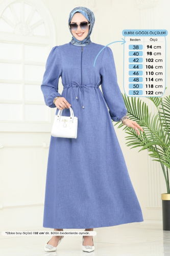 moda selvim Beli Bağcıklı Tesettür Elbise 3050KTR750 Açık İndigo - Thumbnail