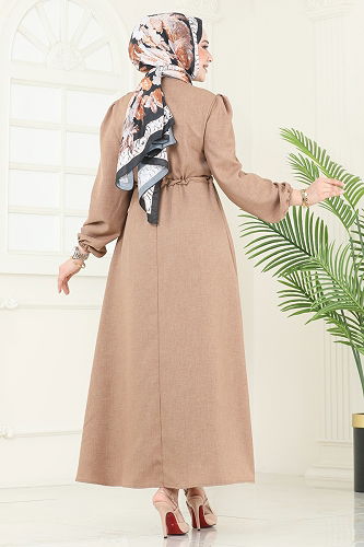 moda selvim Beli Bağcıklı Tesettür Elbise 3050KTR750 Açık Kahve - Thumbnail