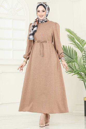 moda selvim Beli Bağcıklı Tesettür Elbise 3050KTR750 Açık Kahve - Thumbnail