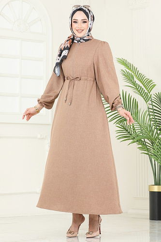 moda selvim Beli Bağcıklı Tesettür Elbise 3050KTR750 Açık Kahve - Thumbnail