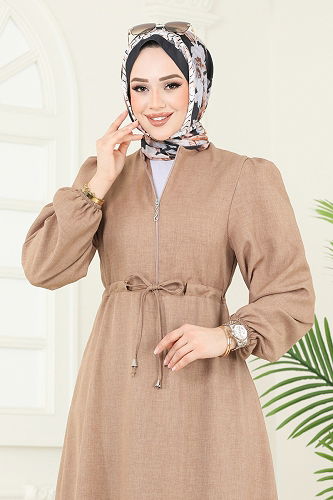 moda selvim Beli Bağcıklı Tesettür Elbise 3050KTR750 Açık Kahve - Thumbnail