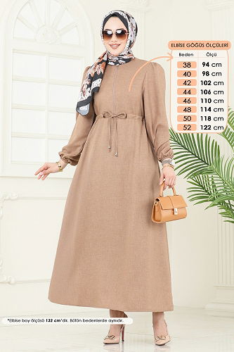 moda selvim Beli Bağcıklı Tesettür Elbise 3050KTR750 Açık Kahve - Thumbnail