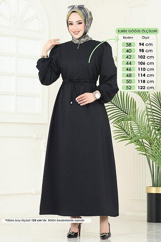 moda selvim Beli Bağcıklı Tesettür Elbise 3050KTR750 Siyah - Thumbnail