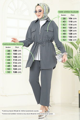 moda selvim Beli Bağcıklı Tesettür Takım 1971TRT545 Gri - Thumbnail