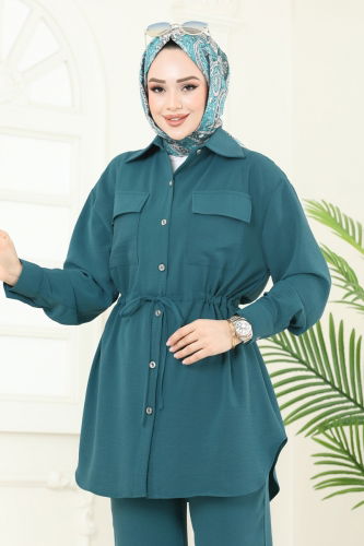 moda selvim Beli Bağcıklı Tesettür Takım 1971TRT545 Petrol - Thumbnail