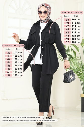 moda selvim Beli Bağcıklı Tesettür Takım 1971TRT545 Siyah - Thumbnail