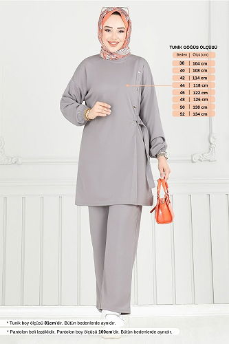 moda selvim Beli Bağcıklı Tesettür Takım 2708AYD969-M Gri - Thumbnail