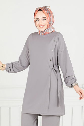 moda selvim Beli Bağcıklı Tesettür Takım 2708AYD969-M Gri - Thumbnail