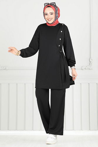 moda selvim Beli Bağcıklı Tesettür Takım 2708AYD969-M Siyah - Thumbnail
