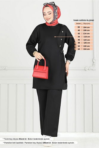 moda selvim Beli Bağcıklı Tesettür Takım 2708AYD969-M Siyah - Thumbnail