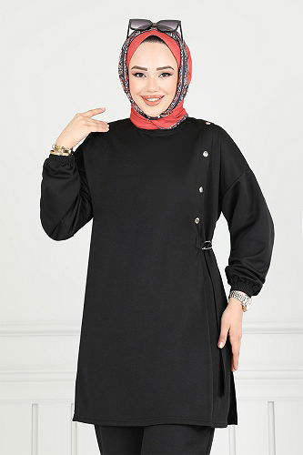 moda selvim Beli Bağcıklı Tesettür Takım 2708AYD969-M Siyah - Thumbnail