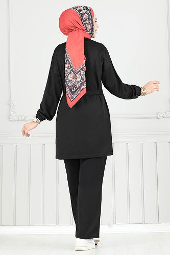 moda selvim Beli Bağcıklı Tesettür Takım 2708AYD969-M Siyah - Thumbnail
